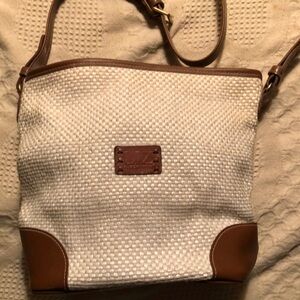 Liz Claiborne White and Brown Shoulder Bag with Leather Accents
